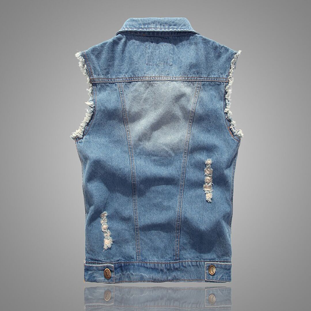 Hoolep Mens Top Design Sleeveless Ripped Cut Off Denim Vest