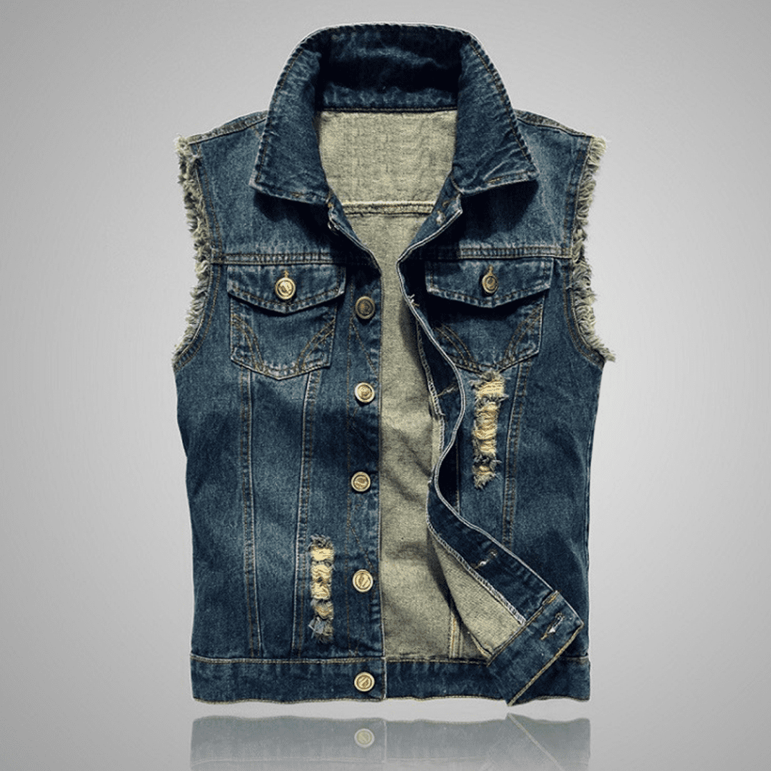 Hoolep Mens Top Design Sleeveless Ripped Cut Off Denim Vest