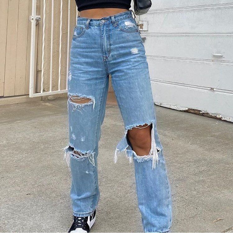 90's Retro Light Washed Blue Women Ripped Jeans - RippedJeans® Official ...