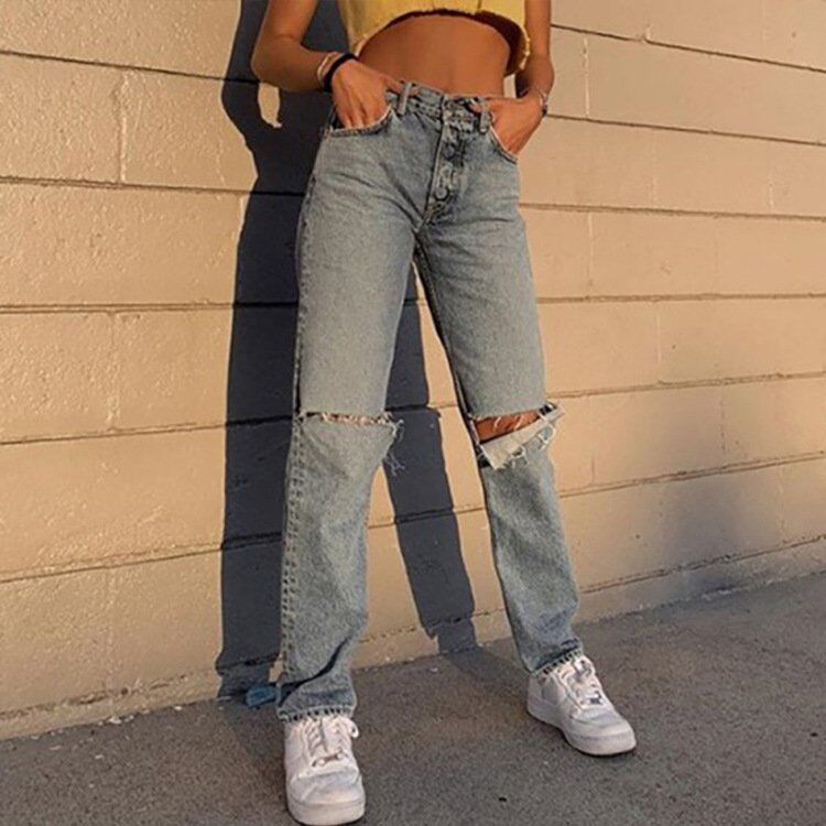 90's Retro Light Washed Blue Women Ripped Jeans - RippedJeans® Official ...