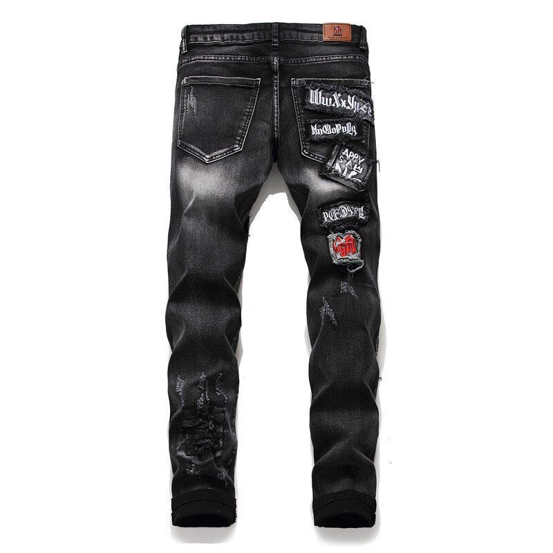 Mens Black Graphic Patched Skinny Jeans - RippedJeans® Official Site