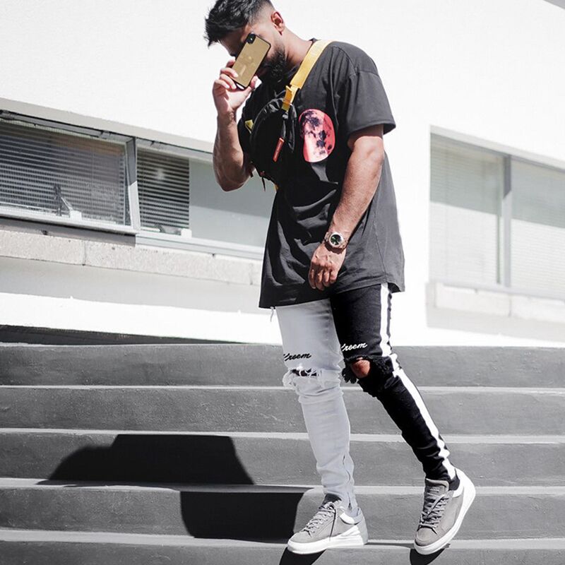 Mens Black And White Ripped Knee Jeans - RippedJeans® Official Site