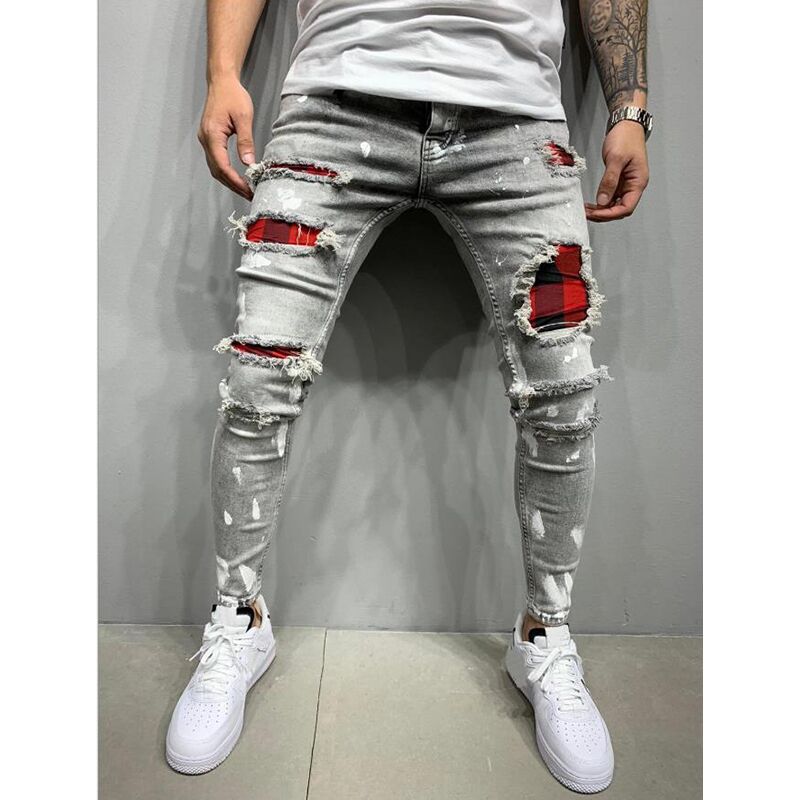 Men's Red Patchwork Paint Splatter Ripped Jeans - RippedJeans® Official ...